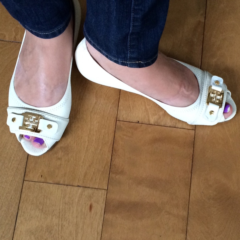 Tory Burch Emma White Gold Peep Toe Wedges